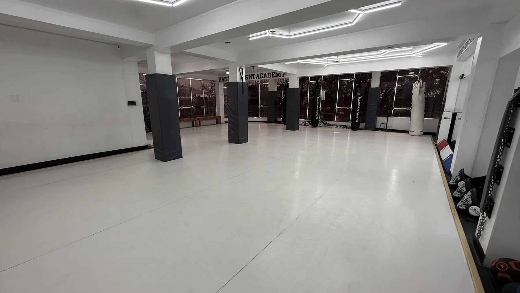 Vista panorámica del tatami iluminado de Panther Fight Academy