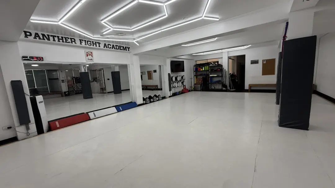 Área acolchada con espejos e iluminación de Panther Fight Academy